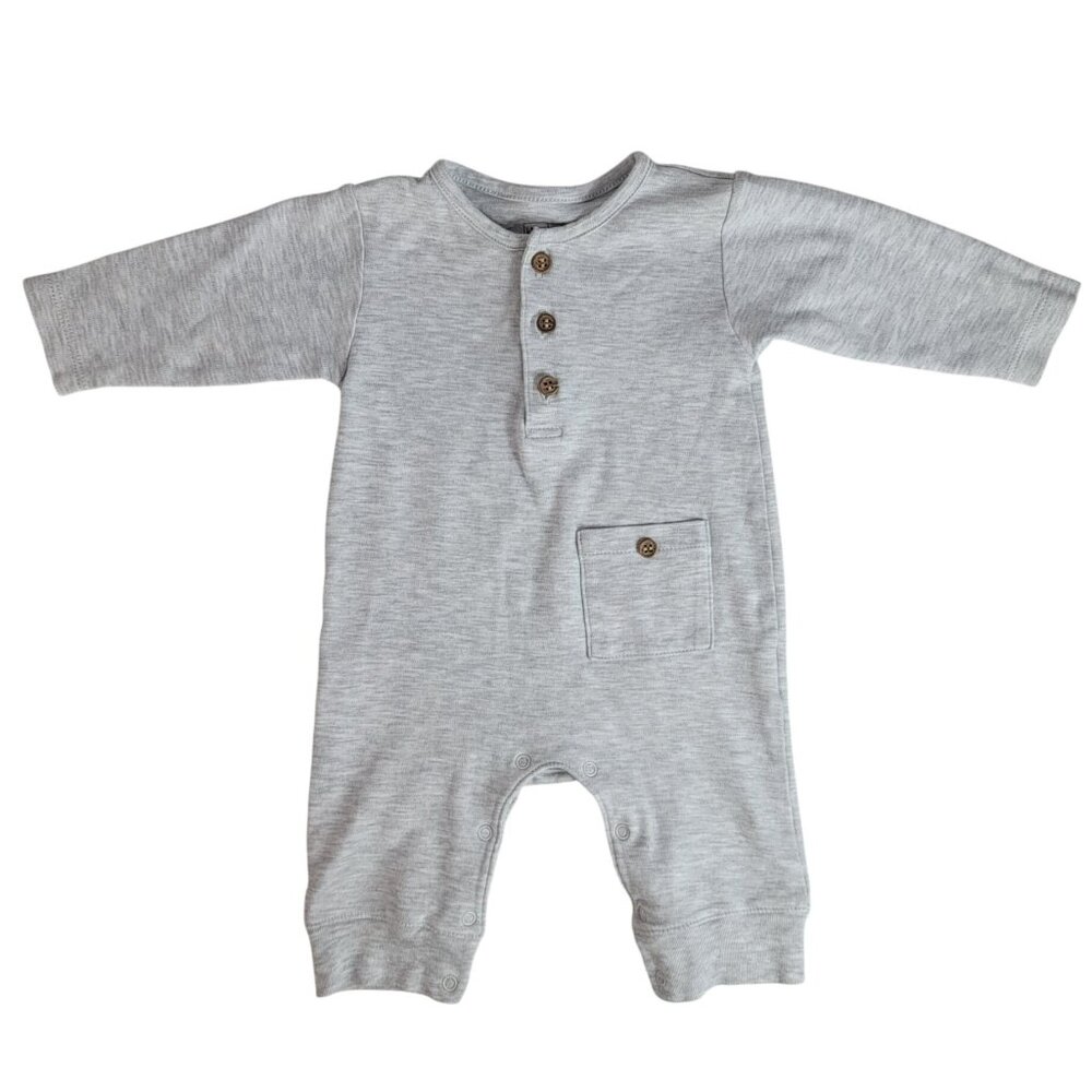 Kissy Love One Piece Romper Gray 3-6M Snaps Pockets Long Sleeve Henley Neckline